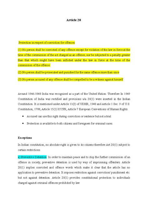 Notes on Article 20 - Protection Against Conviction Rights - Studocu