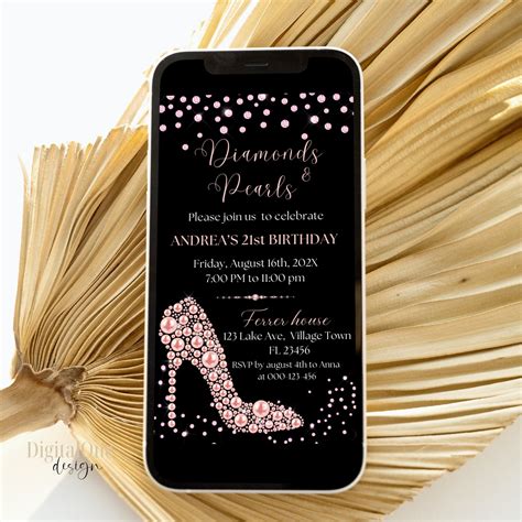 Elegant Pink Diamonds & Pearls Invitation, Glamorous Pink Heel Pearls ...