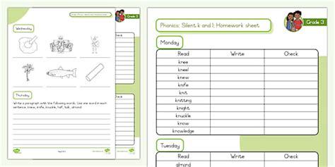 Grade 3 Phonics: Silent k and l: Homework Sheet