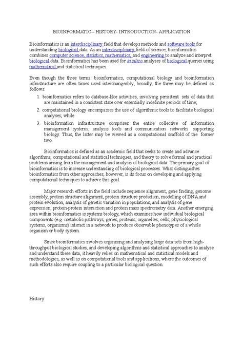 Bioinformatics 101: History, Introduction & Applications Overview - Studocu