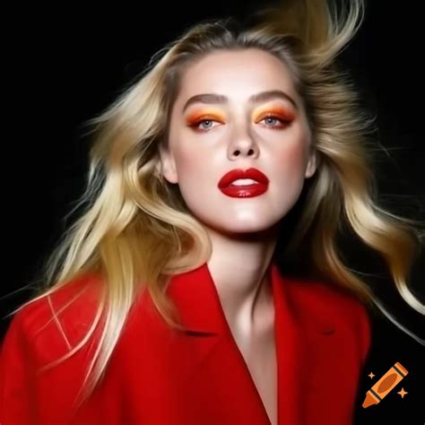 Amber heard in red blazer with long blonde wavy hair, red lips, harper's bazaar style on Craiyon