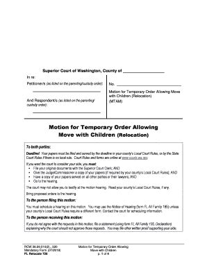 Motion for Temporary Order Allowing Move with Children - Blank Fillable ...