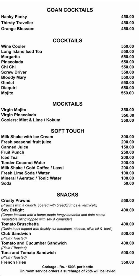 Menu at The Copper Bowl, Calangute