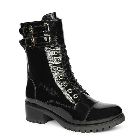 Saint Alba Black Crinkle Patent Leather Lace Up High Ankle Boots ...