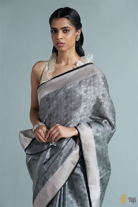 'Rekha' Grey-Black Pure Kora by Cotton Satin Banarasi Handloom Saree ...