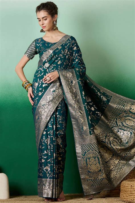 Deep Teal Green Cotton Blend Saree With Intricate Floral Zari Weaving
