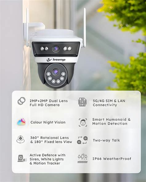 SECUREYE Defender-DUO,4G/5G Sim Camera, Dual lens, Two-way Audio, Night ...