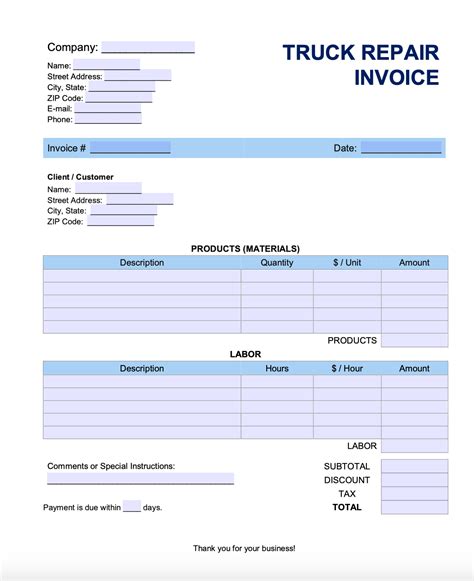 Printable Truck Repair Invoice Template