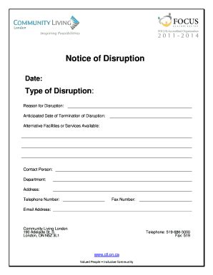 Fillable Online Notice of Disruption Form - Community Living London Fax ...