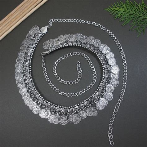 Etnico Silver Oxidised Coin Tassel Adjustable Boho Waist Chain/Belly C ...