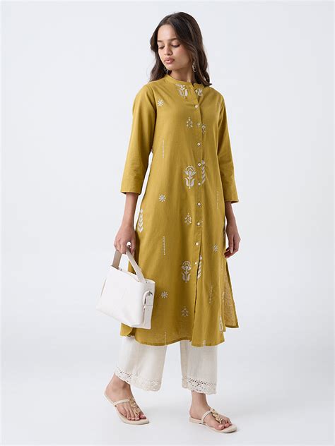 Buy Utsa Mustard Floral Embroidered Cotton-Blend A-Line Kurta from Westside