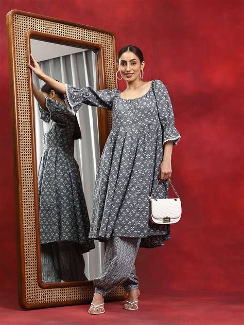 Grey Ethnic Motifs Anarkali With Afghani Salwar – Aks Clothings