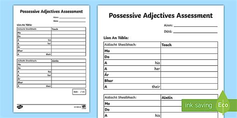 Aidiacht Shealbhach Bileog Oibre | Assessment Sheet
