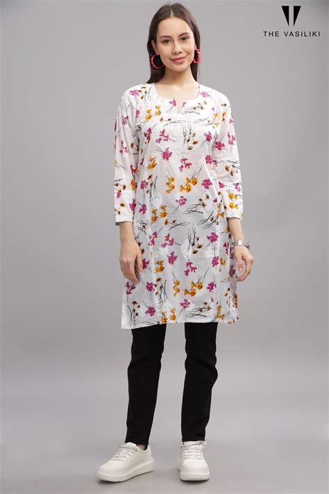 White Mulmul Cotton Chikankari Short Kurti with Purple Florals – The ...