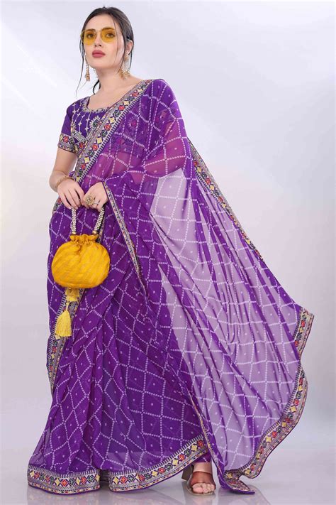 Purple Bandhani Printed Georgette Saree Framed With Elegant Embroidere
