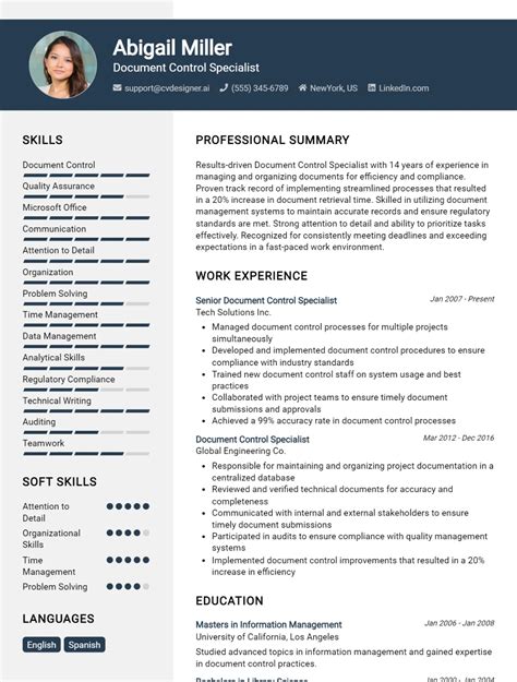 Document Control Specialist CV Example For 2024: Free Professional Templates - CVDesigner.ai