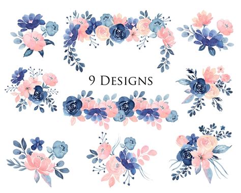 Buy Blush & Navy Flowers, Nine Designs, Floral Topper, Border and ...