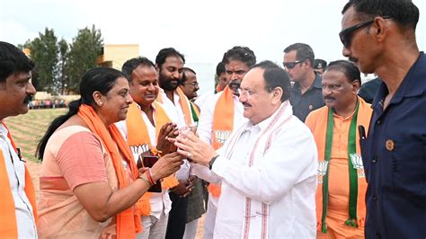 Grand welcome BJP National President Shri J.P. Nadda on arrival at ...