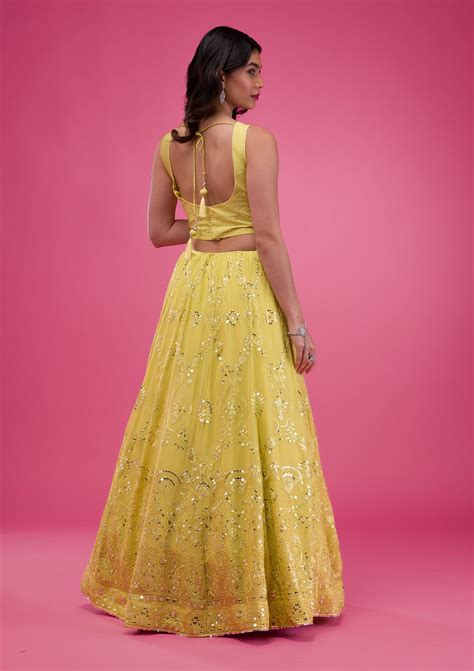 Buy Parrot Green Threadwork Georgette Readymade Lehenga - Koskii