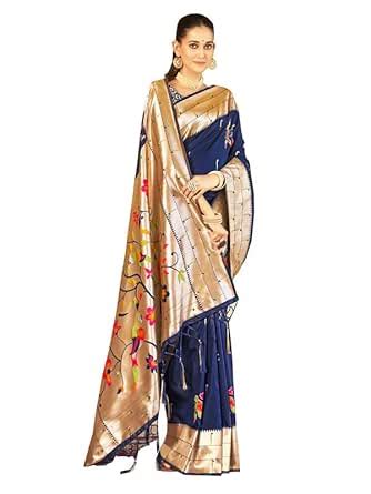 Buy Sangam Prints Navy Blue Paithani Silk Woven Work Traditional Tassle ...