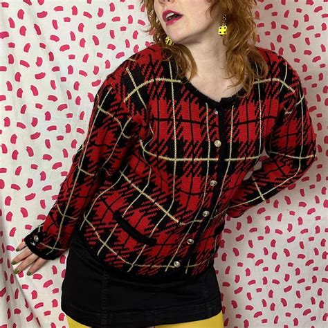 Women's Red and Black Cardigan | Depop