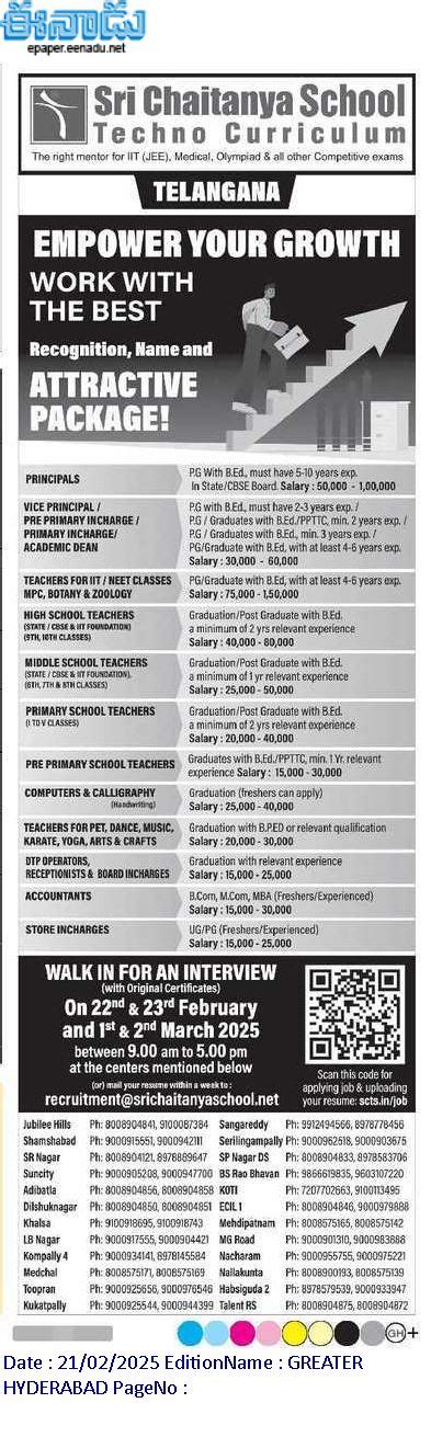 Telangana Sri Chaitanya Techno Schools Teachers, Campus Incharge ...