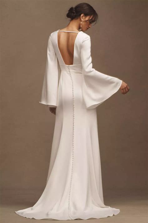 Jenny by Jenny Yoo Lane Satin Long-Sleeve V-Neck A-Line Wedding Gown | Bell sleeve wedding dress ...