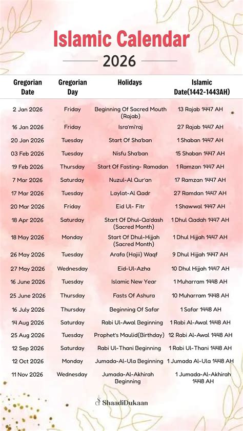Islamic Holiday Calendar 2026 | Printable Calendar