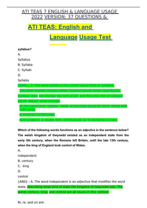ATI TEAS 7 ENGLISH & LANGUAGE USAGE LATEST 2024 VERSION; 37 QUESTIONS ...