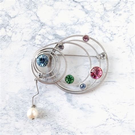 matte silver swirl colorful rhinestone faux pearl dangle vintage brooch ...