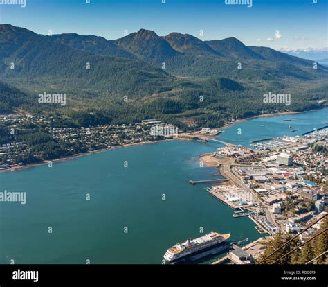September 14, 2018 - Juneau, Alaska: Aerial Northwest view of downtown Juneau, Douglas Island ...