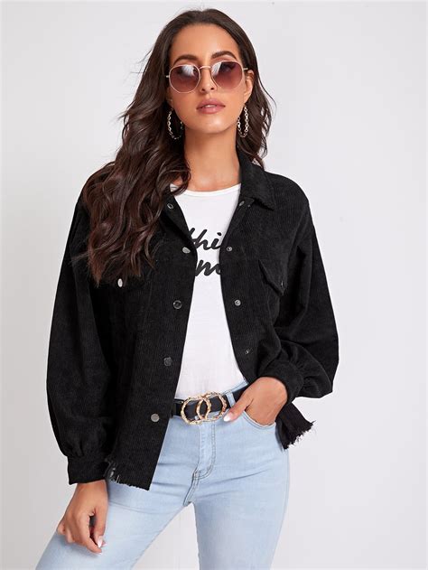 Black Drop Shoulder Single Breasted Flap Pocket Front Frayed Edge Cord ...
