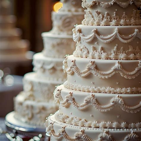 Focusing on the intricate layers of a multitiered wedding cake closeup ...