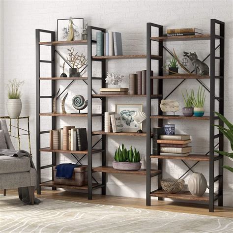 Holyfly Triple Wide 5-Tier Bookshelf, Rustic Industrial India | Ubuy
