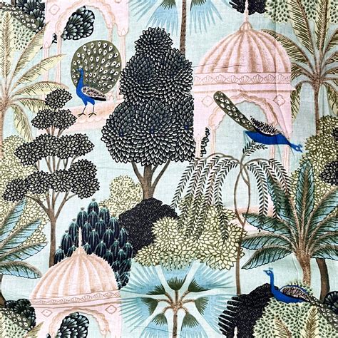 Attractive Mint Green Color Fabric Natural Peacock Print Fabric 60X60 ...