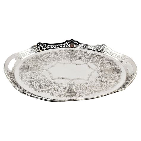 Large Antique Silver Plated Serving Tray with Floral Decoration at 1stDibs
