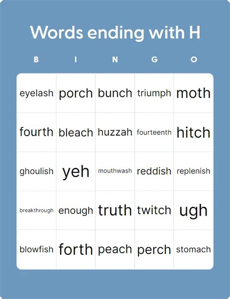 Words Ending With H - Bingo Card Creator
