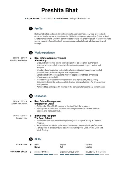 Real Estate Appraiser Trainee Resume Example | Kickresume
