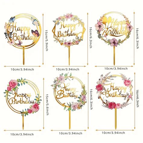 6pcs Happy Birthday Acrylic Cake Toppers, Assorted Patterns Cupcake ...