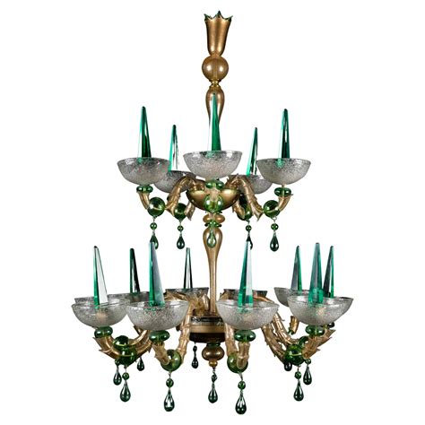 Large green Murano glass chandelier, Mid Century For Sale at 1stDibs