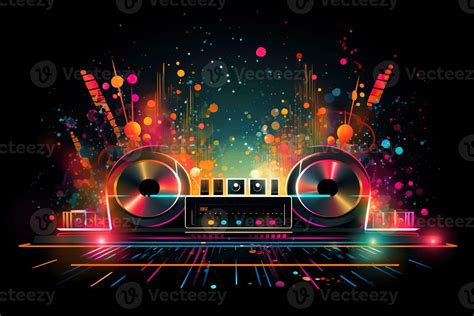 Abstract vector poster with colorful dj console, big speakers ...
