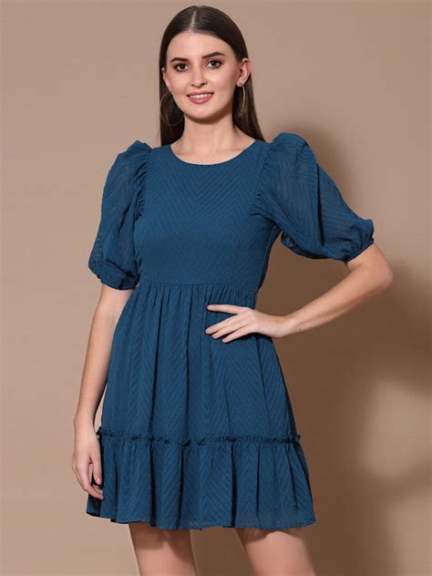 Women Teal Odour Free Round Neck Mini Dress – FYVA