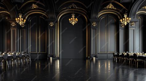Elegant Luxury Wedding Reception Venue with Black and Gold Banquet Hall ...