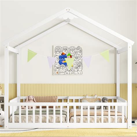 Miniyam Double Twin Size Floor Bed with Guardrails for Toddler, White ...