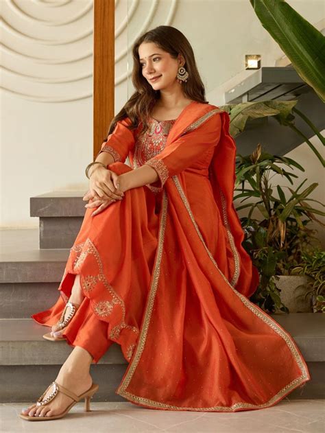 Sku 1720 Vichitra Silk Embroidered Flared Kurti Pant And Dupatta