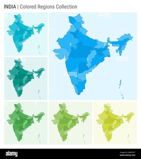 India map collection. Country shape with colored regions. Light blue ...