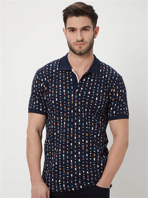 Navy & Multi Geometric Print Knnitted Pique Polo T-Shirt
