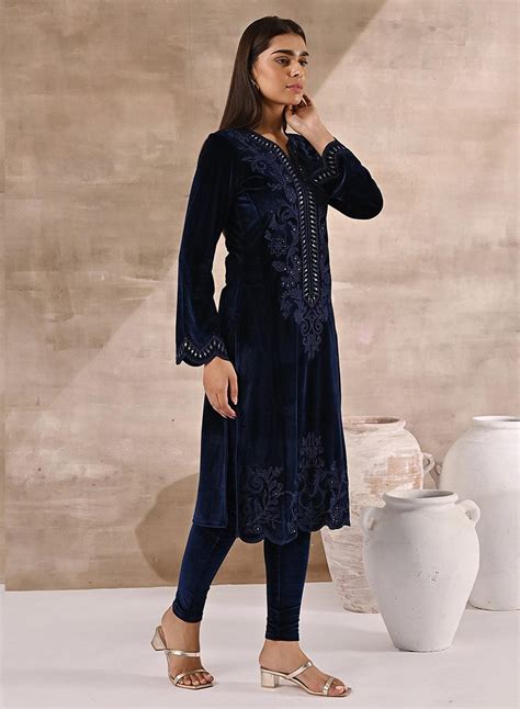 Navy Blue Velvet Kurta with Neck Detailing-22WLVK0144-4A – Lakshita