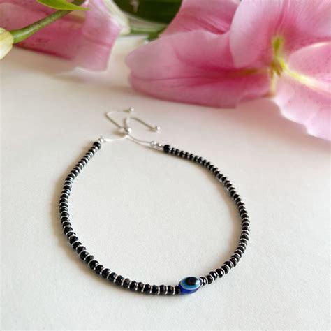 ANKLET- 92.5 Silver EvilEye Black-Onyx Bead Anklet with Pull Closure ...