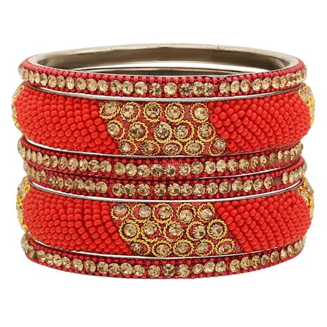 Sukriti Indian Stylish Beads Studded Brass Red Bangles Bollywood Jewel ...